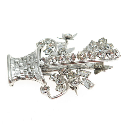 CARL ART 925 Sterling Silver Antique Art Deco Rhinestone Flower Basket Brooch