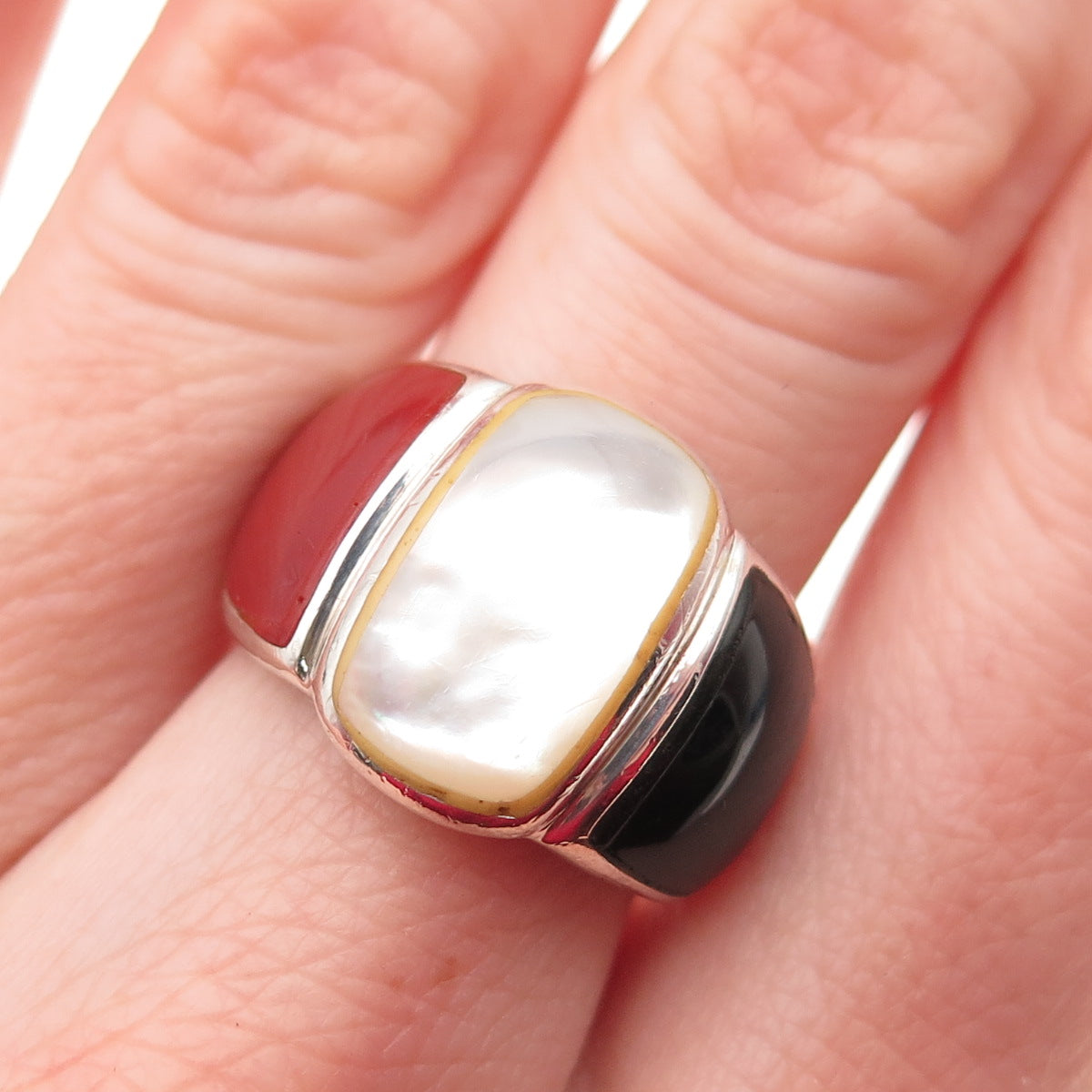 KEN CRAFTS Sterling Silver Vintage Real Black Onyx Carnelian & MOP Ring Size 6.5