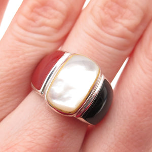 KEN CRAFTS Sterling Silver Vintage Real Black Onyx Carnelian & MOP Ring Size 6.5