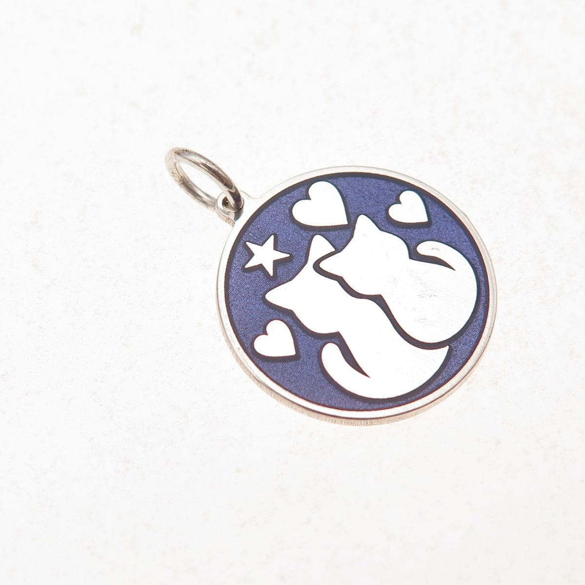 925 Sterling Silver Purple Enamel Cat Couple Charm Pendant
