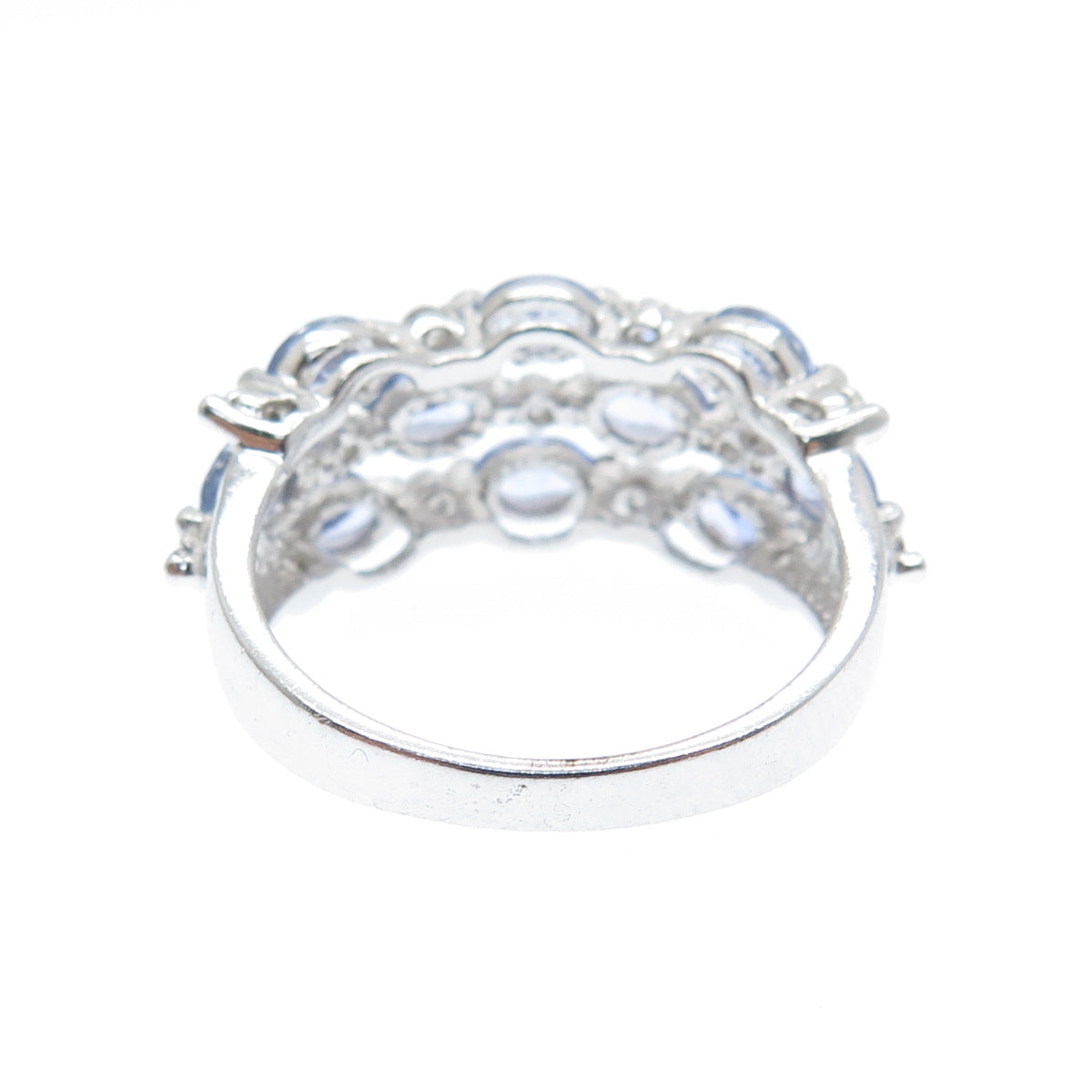 925 Sterling Silver Real Oval-Cut Tanzanite & C Z Multi-Row Ring Size 6.25