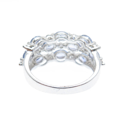 925 Sterling Silver Real Oval-Cut Tanzanite & C Z Multi-Row Ring Size 6.25