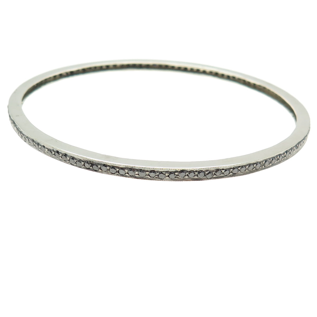 925 Sterling Silver Real Round-Cut Black Diamond Bangle Bracelet 8"