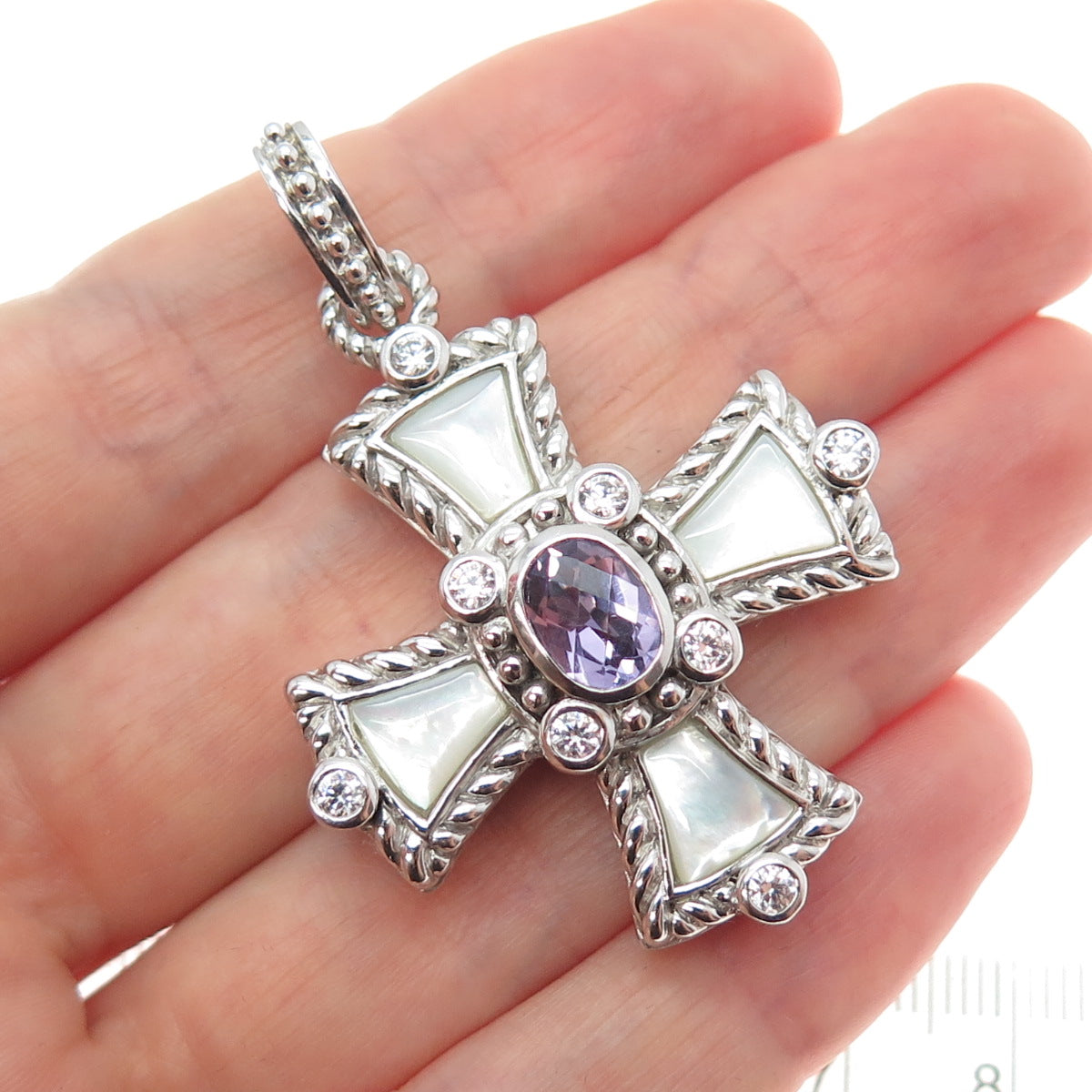 JUDITH RIPKA 925 Sterling Silver Real Amethyst MOP & C Z Cross Charm Pendant
