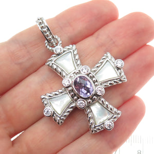 JUDITH RIPKA 925 Sterling Silver Real Amethyst MOP & C Z Cross Charm Pendant