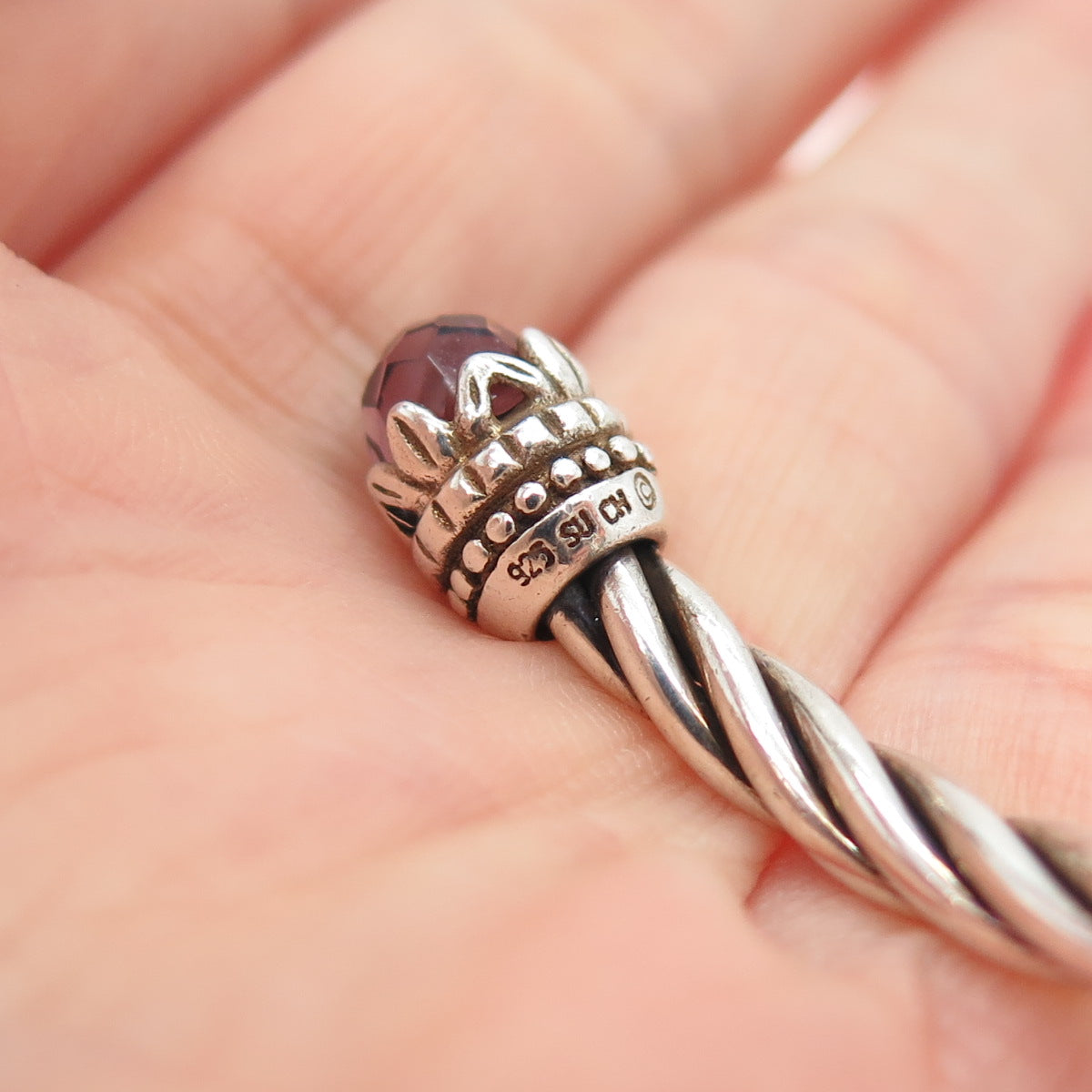 925 Sterling Silver Vintage Nano Amethyst Twisted Adjustable Cuff Bracelet 6"