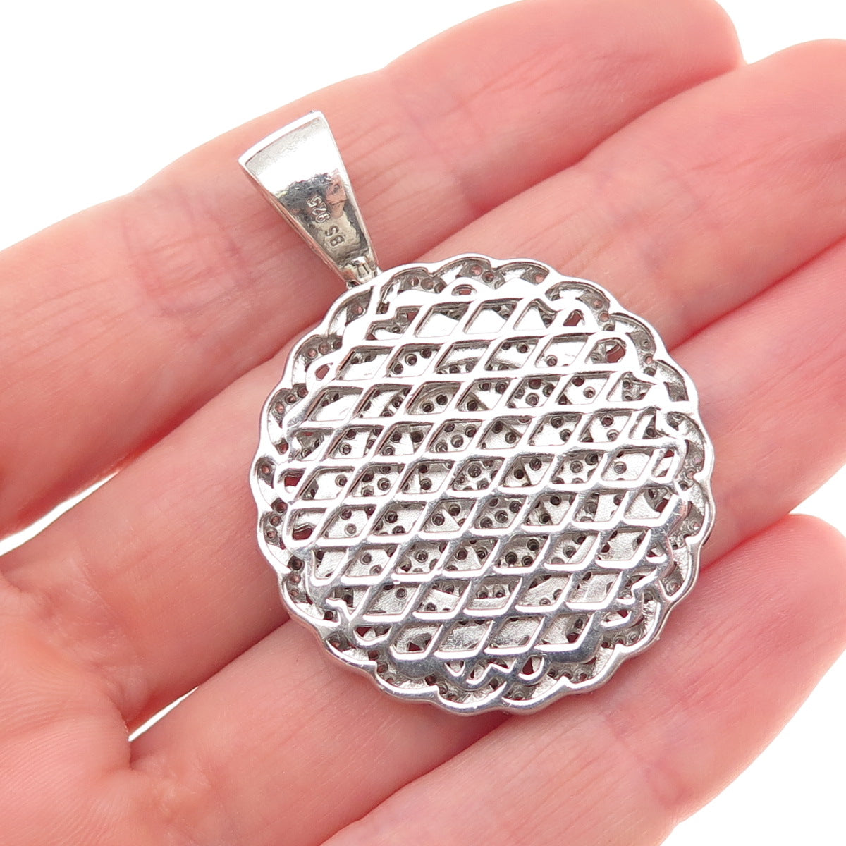 925 Sterling Silver Round-Cut C Z Hamsa Amulet Cuban Link Pendant
