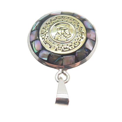 925 Sterling 2-Tone Vintage Turquoise & Abalone Shell Mayan Calendar Pendant