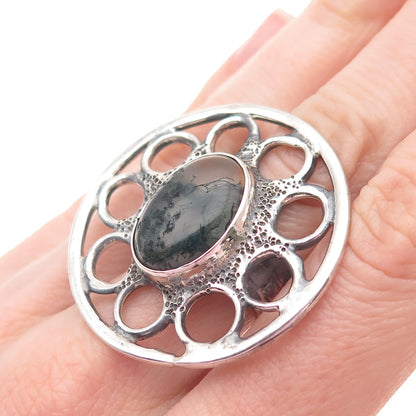 925 Sterling Silver Vintage Real Moss Agate Oxidized Statement Ring Size 5.75