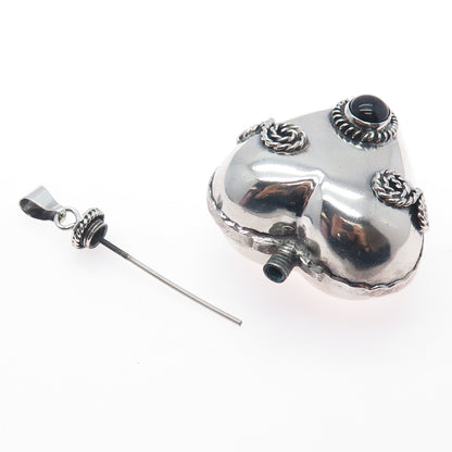 925 Sterling Silver Vintage Mexico Real Black Onyx Heart Perfume Bottle Pendant