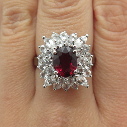 925 Sterling Silver Real Oval-Cut Tourmaline & White Topaz Ring Size 8.75