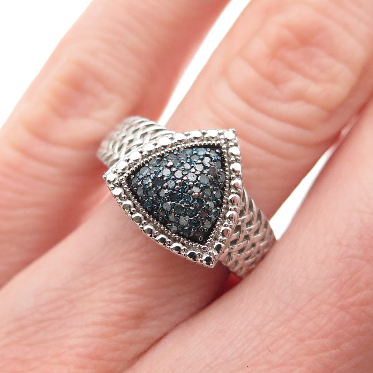 925 Sterling Silver Real Round-Cut Blue Diamond Triangle Ring Size 5