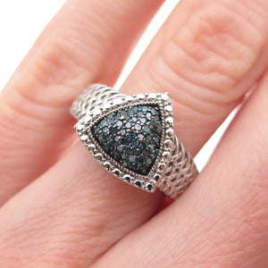 925 Sterling Silver Real Round-Cut Blue Diamond Triangle Ring Size 5