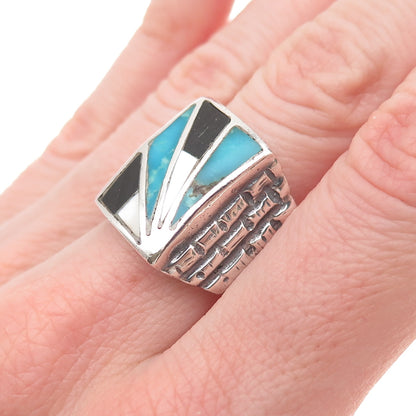 Old Pawn 925 Sterling Silver Vintage Turquoise Black Onyx & MOP Ring Size 9.25