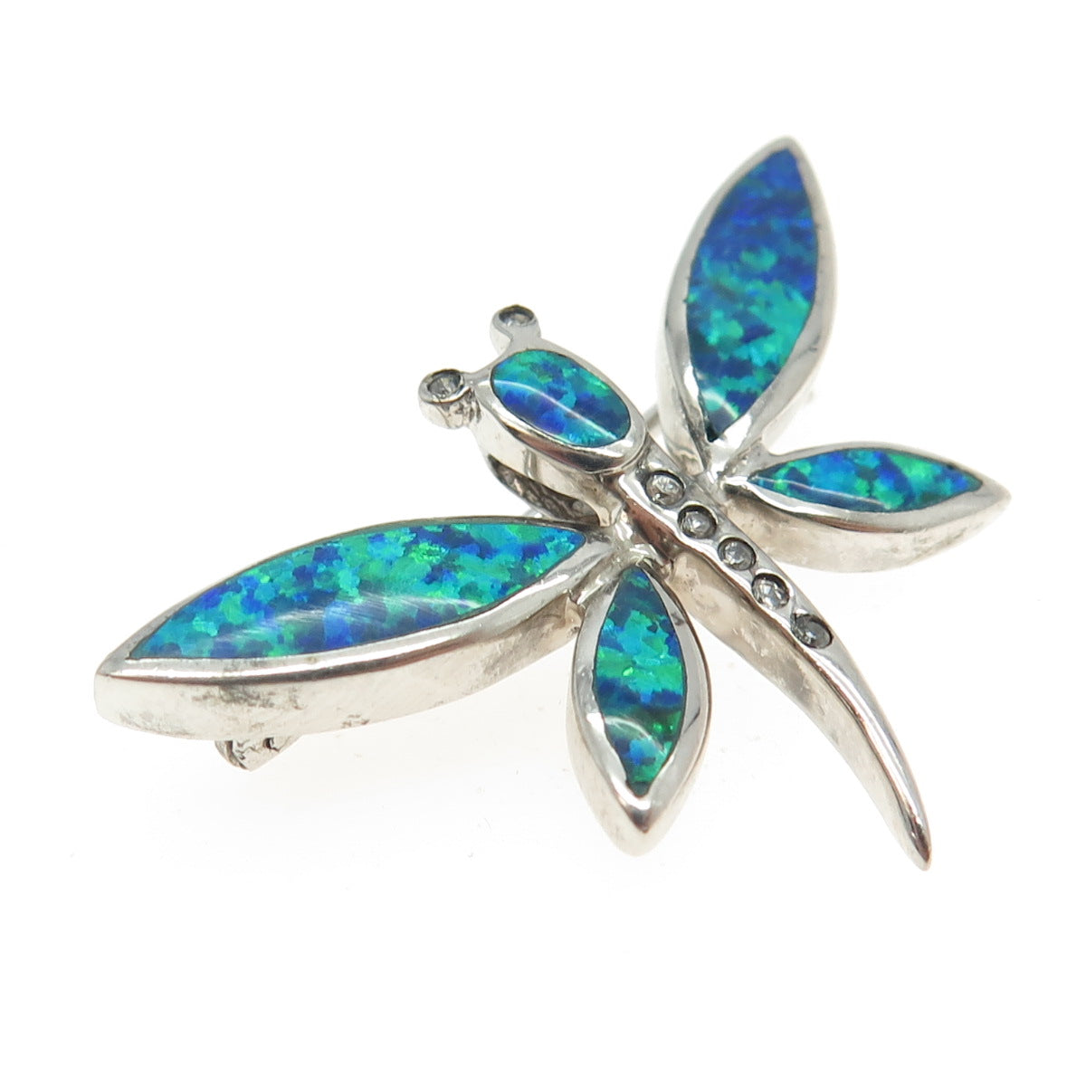 925 Sterling Silver Real Opal Gem Inlay & C Z Dragonfly Pin Brooch