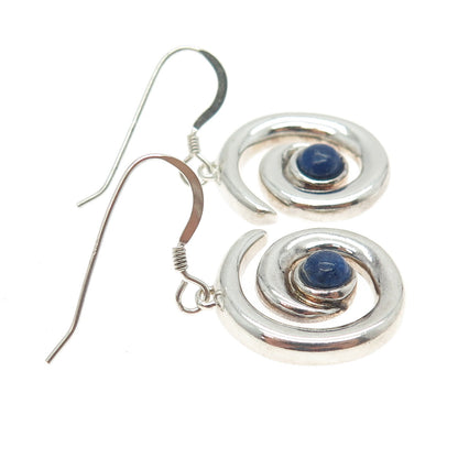 925 Sterling Silver Vintage Real Lapis Lazuli Gemstone Spiral Dangle Earrings