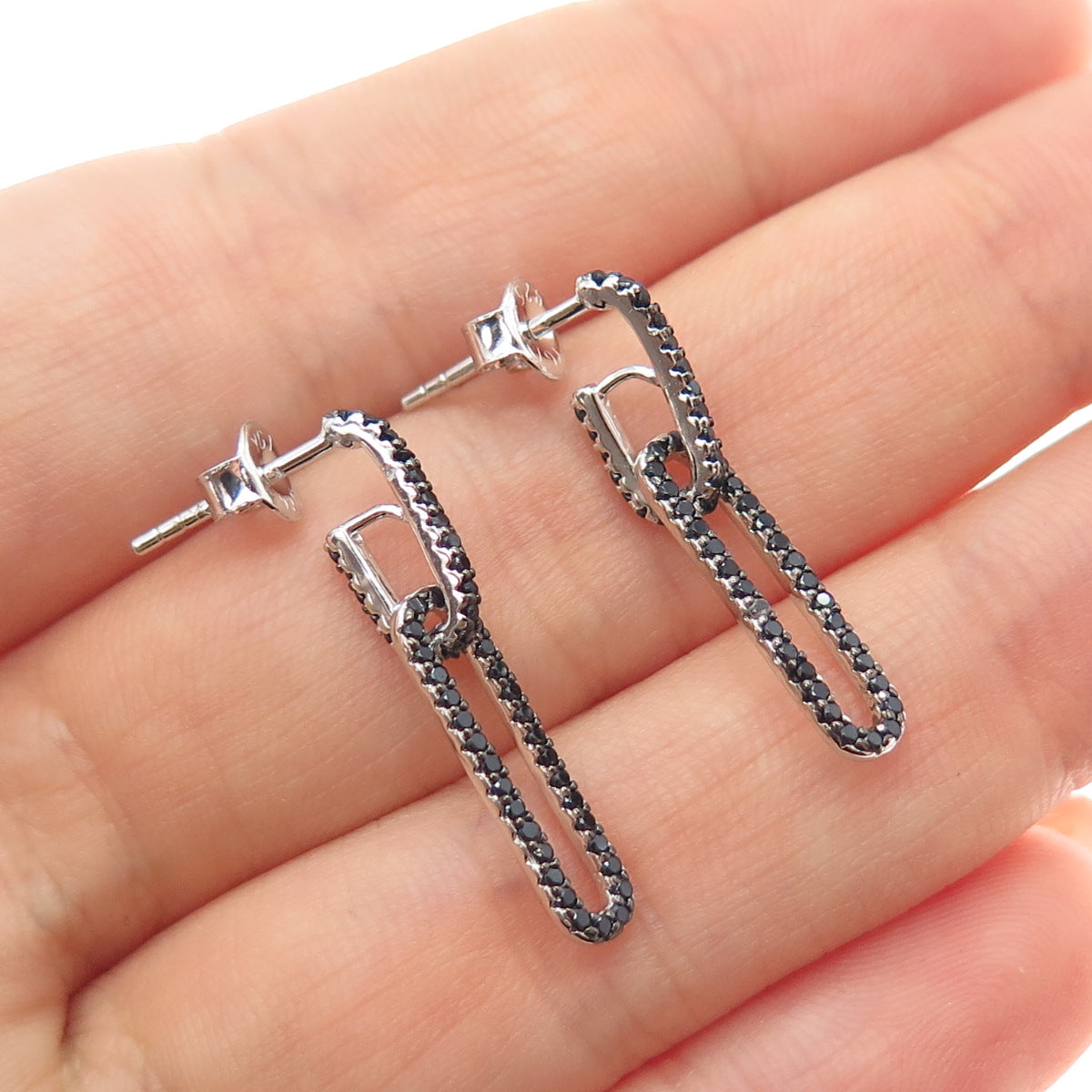 925 Sterling Silver Round-Cut Black C Z Paperclip Dangle Earrings