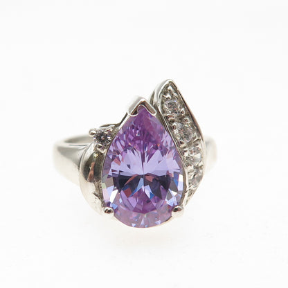 925 Sterling Silver Lavender & White C Z Teardrop Ring Size 6