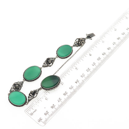 925 Sterling Silver Antique Art Deco Real Green Agate Floral Bracelet 7.25"