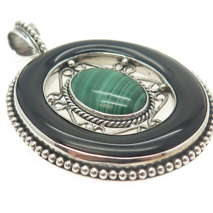 MERAV 925 Sterling Silver Vintage Real Black Onyx & Malachite Oval Pendant