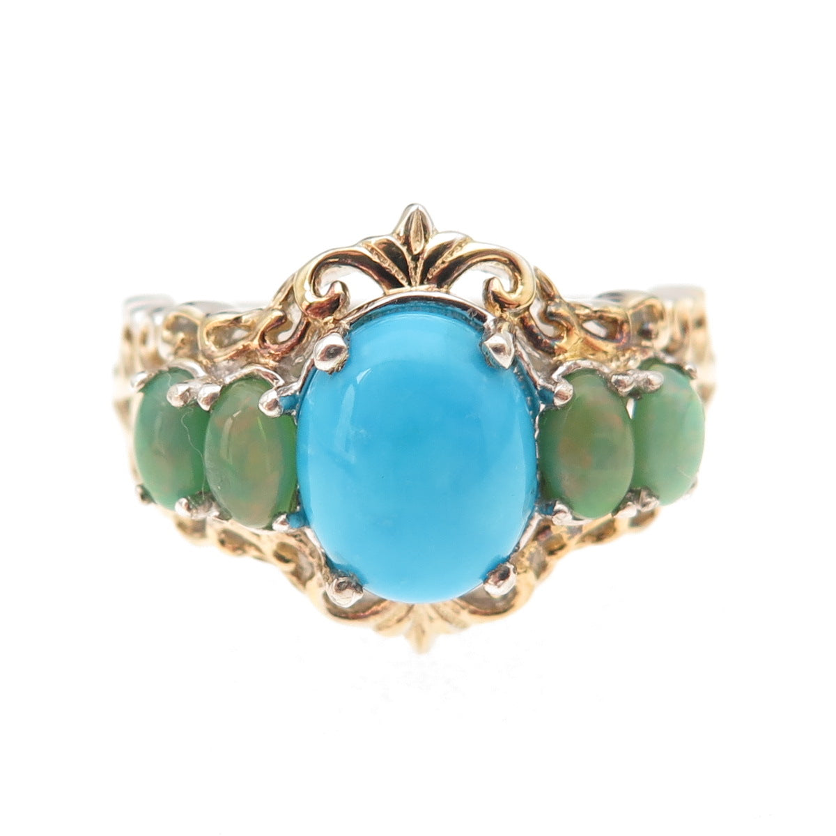 Chuck Clemency 925 Sterling Silver 2-Tone Real Turquoise & Opal Ring Size 8.25