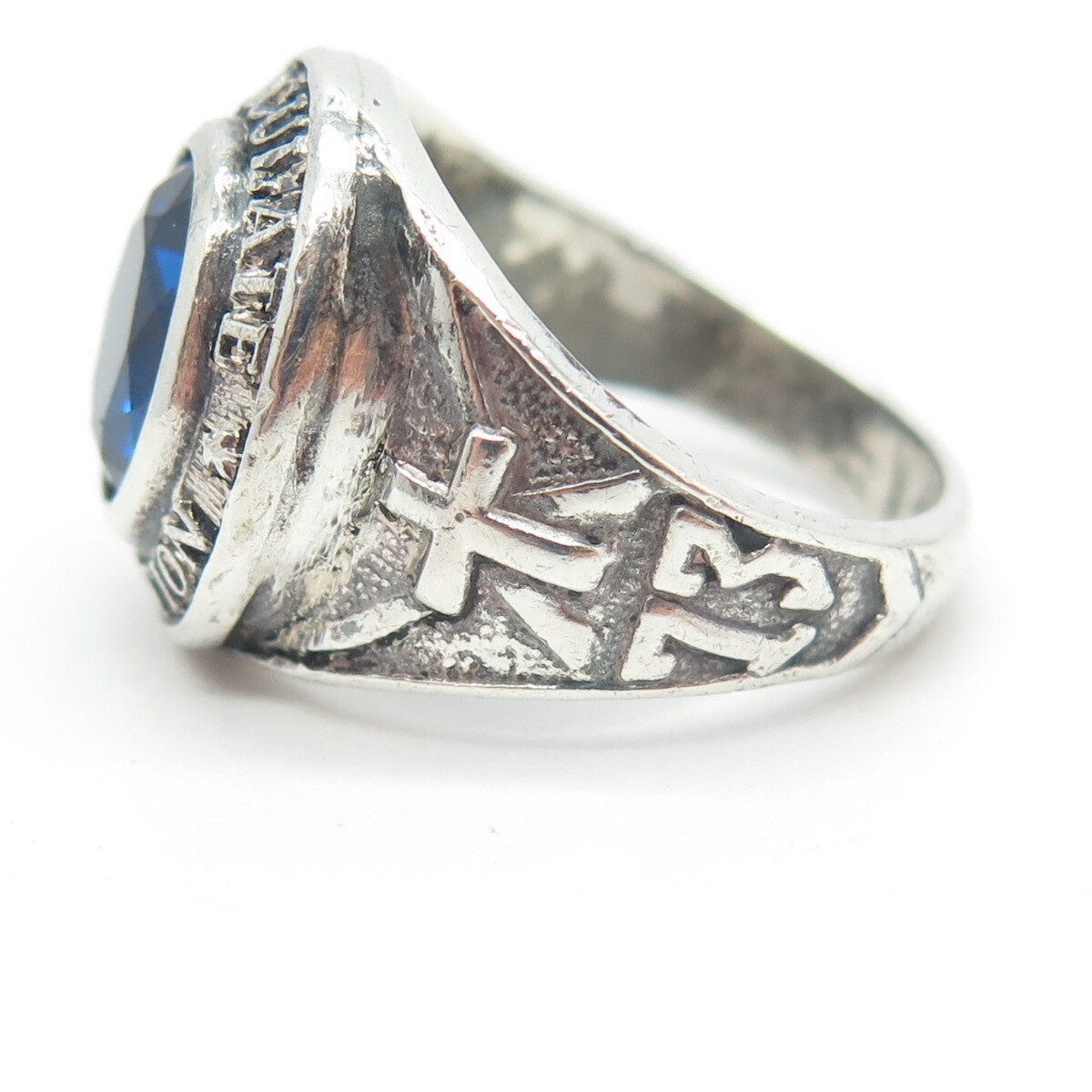 925 Sterling Silver Vintage Blue Glass 1973 Immaculate Conception Ring Size 7.25