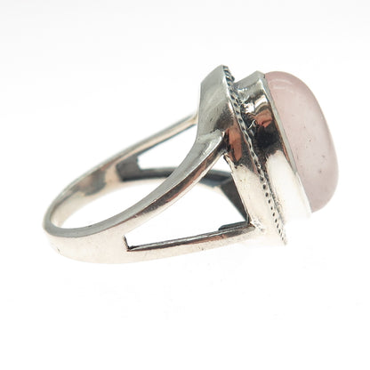 925 Sterling Silver Vintage Real Cabochon Rose Quartz Granulated Ring Size 7.25