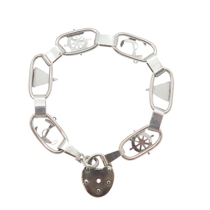 925 Sterling Silver Antique Heart Padlock Sailboat Wheel & Anchor Bracelet 7.25"