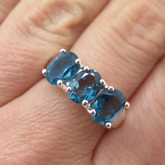 925 Sterling Silver Vintage Real Oval-Cut Swiss Blue Topaz Ring Size 7.25