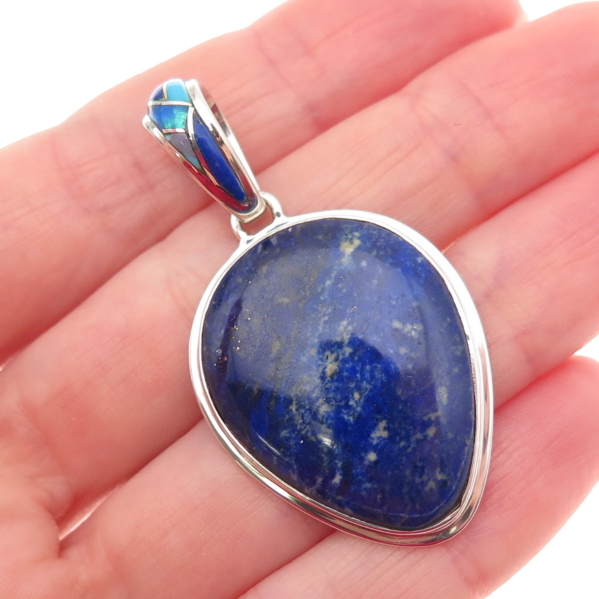 SAJEN 925 Sterling Silver Vintage Real Lapis Opal Turquoise Modernist Pendant