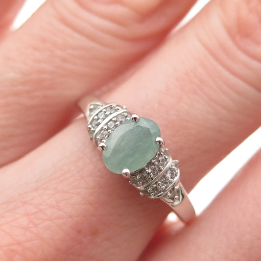 D'Joy 925 Sterling Silver Vintage Real Milky Aquamarine White Topaz Ring Size 7
