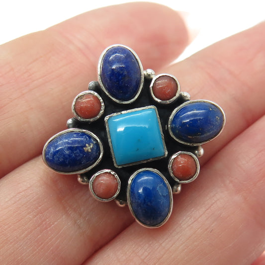 925 Sterling Silver Vintage Lapis Lazuli Turquoise Coral Cross Slide Pendant