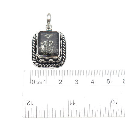 925 Sterling Silver Vintage Real Rutilated Quartz Oxidized Charm Pendant