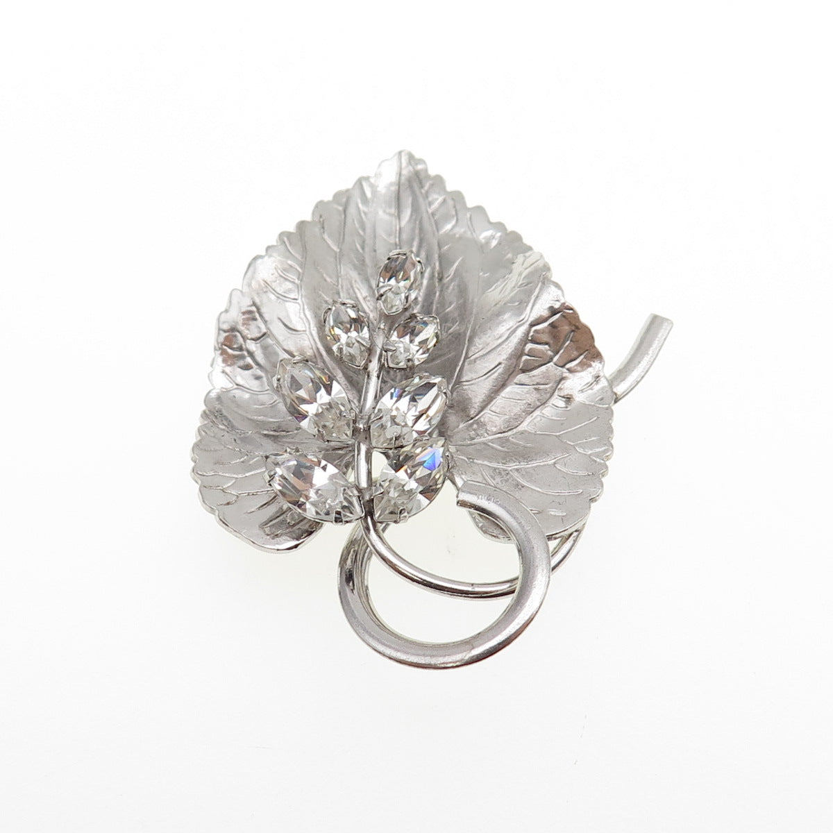 CARL ART 925 Sterling Silver Antique Art Deco Rhinestone Floral Leaf Pin Brooch