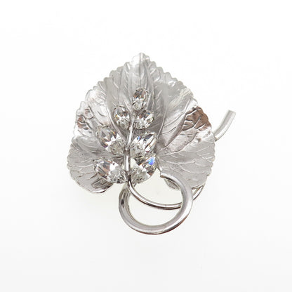 CARL ART 925 Sterling Silver Antique Art Deco Rhinestone Floral Leaf Pin Brooch