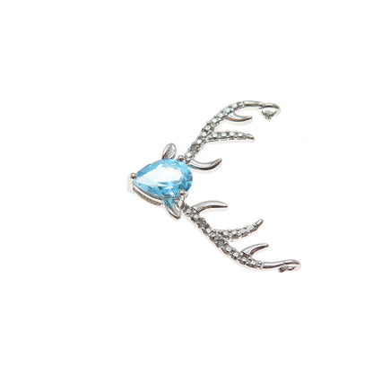 SUN 925 Sterling Silver Real Diamond & Blue Topaz Deer Slide Centerpiece Pendant