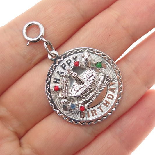 ELCO Sterling Silver Vintage Rhinestone Happy Birthday Cake Spring Ring Pendant