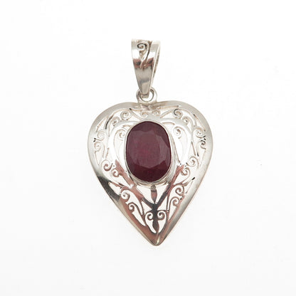 925 Sterling Silver Vintage Real Oval-Cut Ruby Ornate Heart Charm Pendant