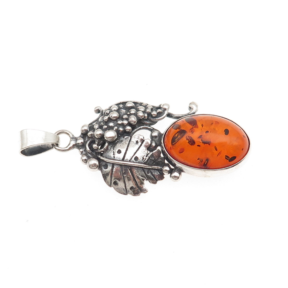 925 Sterling Silver Vintage Real Amber Grape Floral Oxidized Charm Pendant