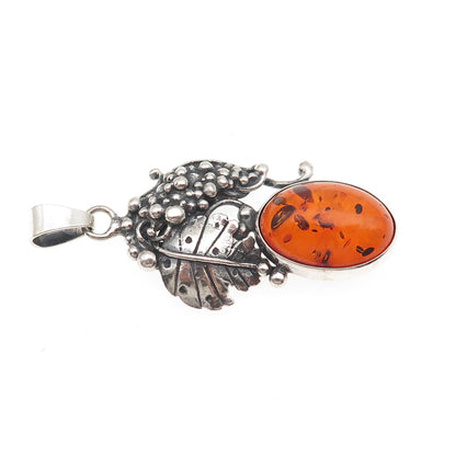 925 Sterling Silver Vintage Real Amber Grape Floral Oxidized Charm Pendant