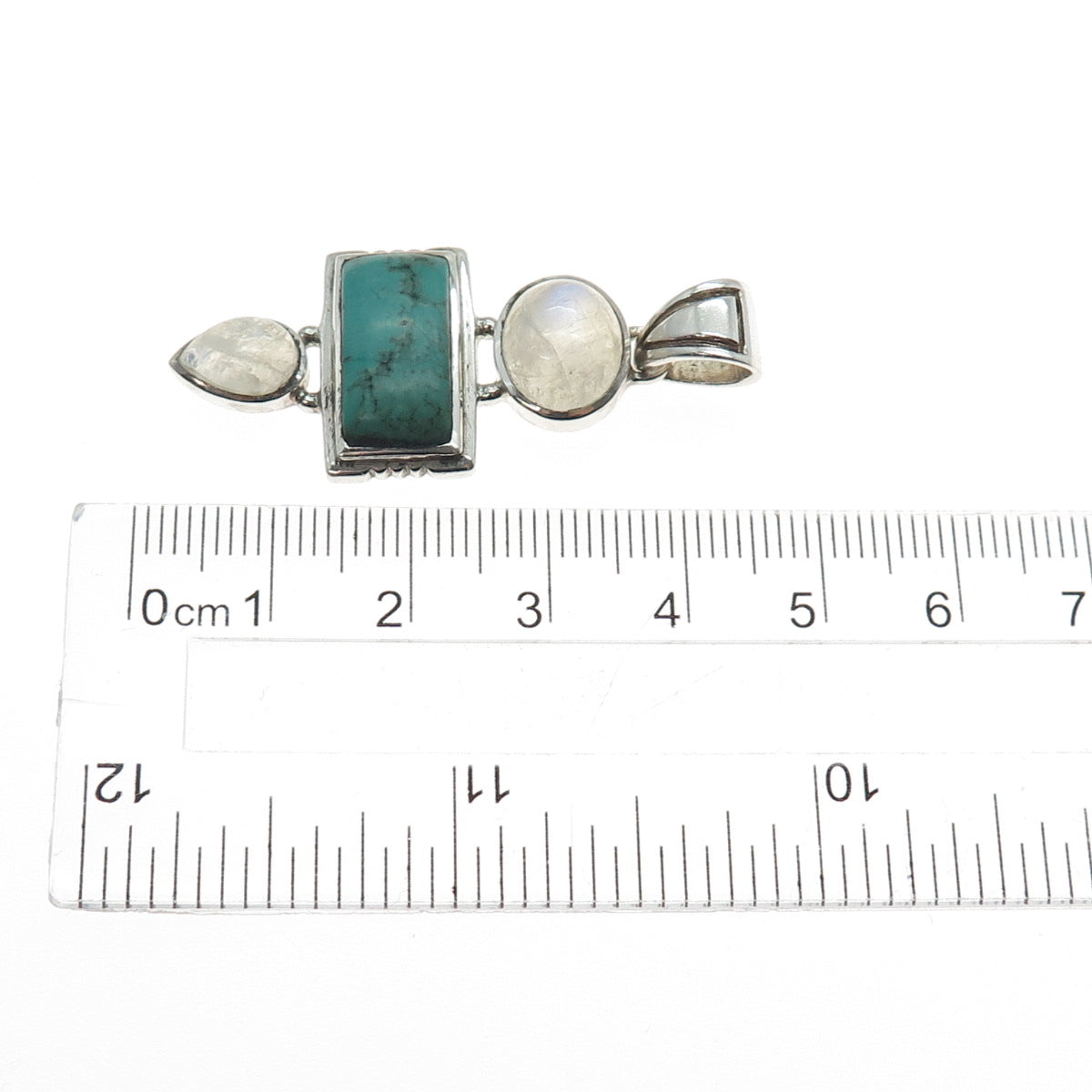 925 Sterling Silver Vintage Real Turquoise & Moonstone Modernist Charm Pendant