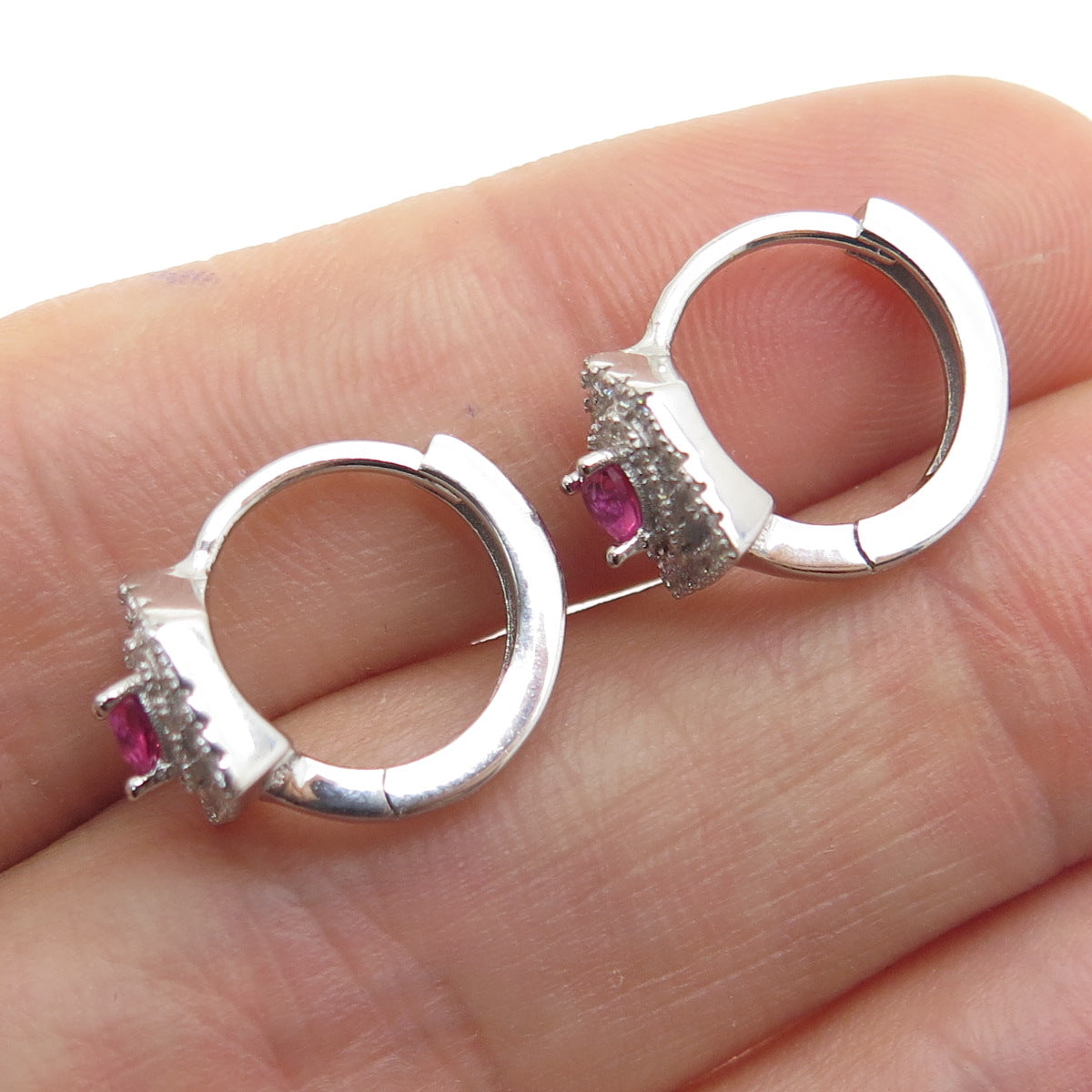 925 Sterling Silver Pink Heart-Cut & White Round-Cut Shaped C Z Hoop Earrings