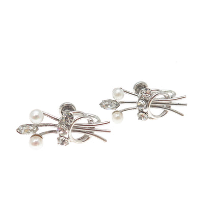 CARL ART 925 Sterling Silver Vintage Real Pearl & Rhinestone Screw Back Earrings