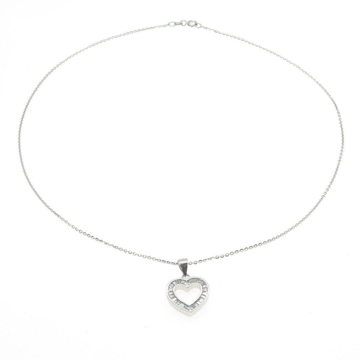 925 Sterling Silver Tapered Baguette-Cut C Z Heart Cable Chain Necklace 16"