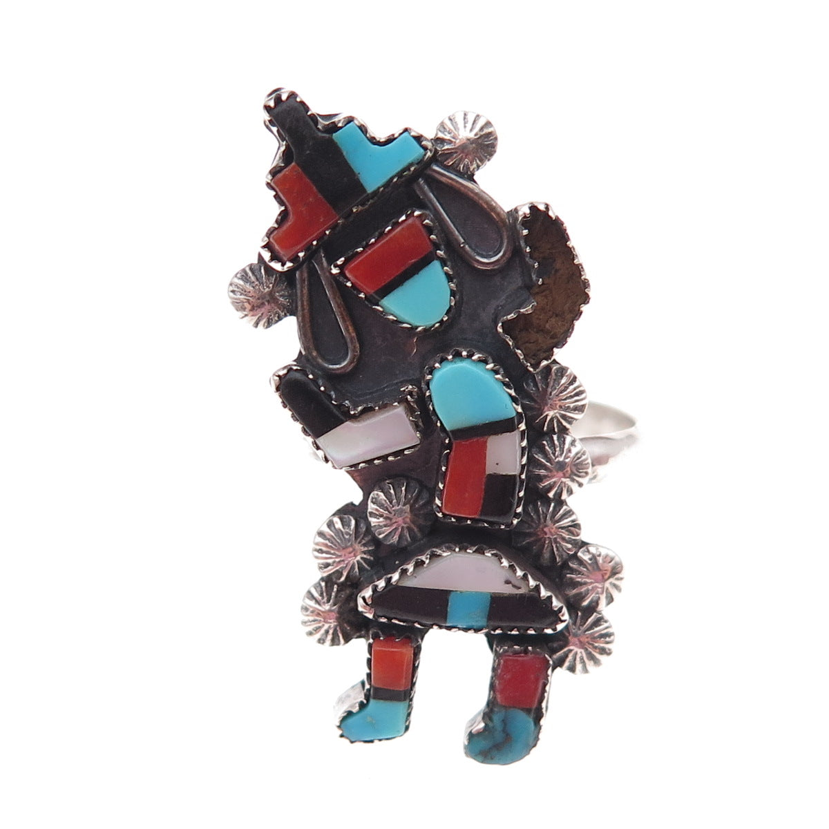 Old Pawn 925 Sterling Vintage Multi-Gem Kachina Ring Size 6.25 (missing stone)