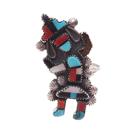 Old Pawn 925 Sterling Vintage Multi-Gem Kachina Ring Size 6.25 (missing stone)