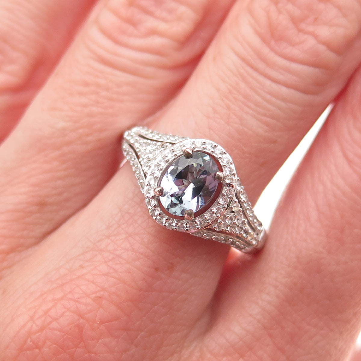 D'Joy 925 Sterling Silver Real Oval-Cut Iolite & White Topaz Ring Size 8