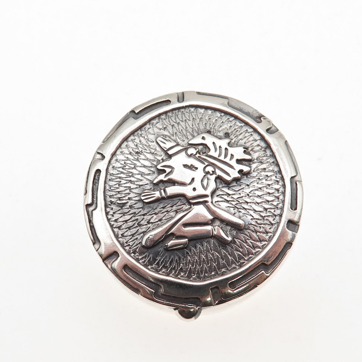 925 Sterling Silver Vintage Mexico Aztec Warrior Oxidized Pill / Snuff Box