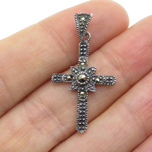 925 Sterling Silver Vintage Real Marcasite Cross Oxidized Pendant