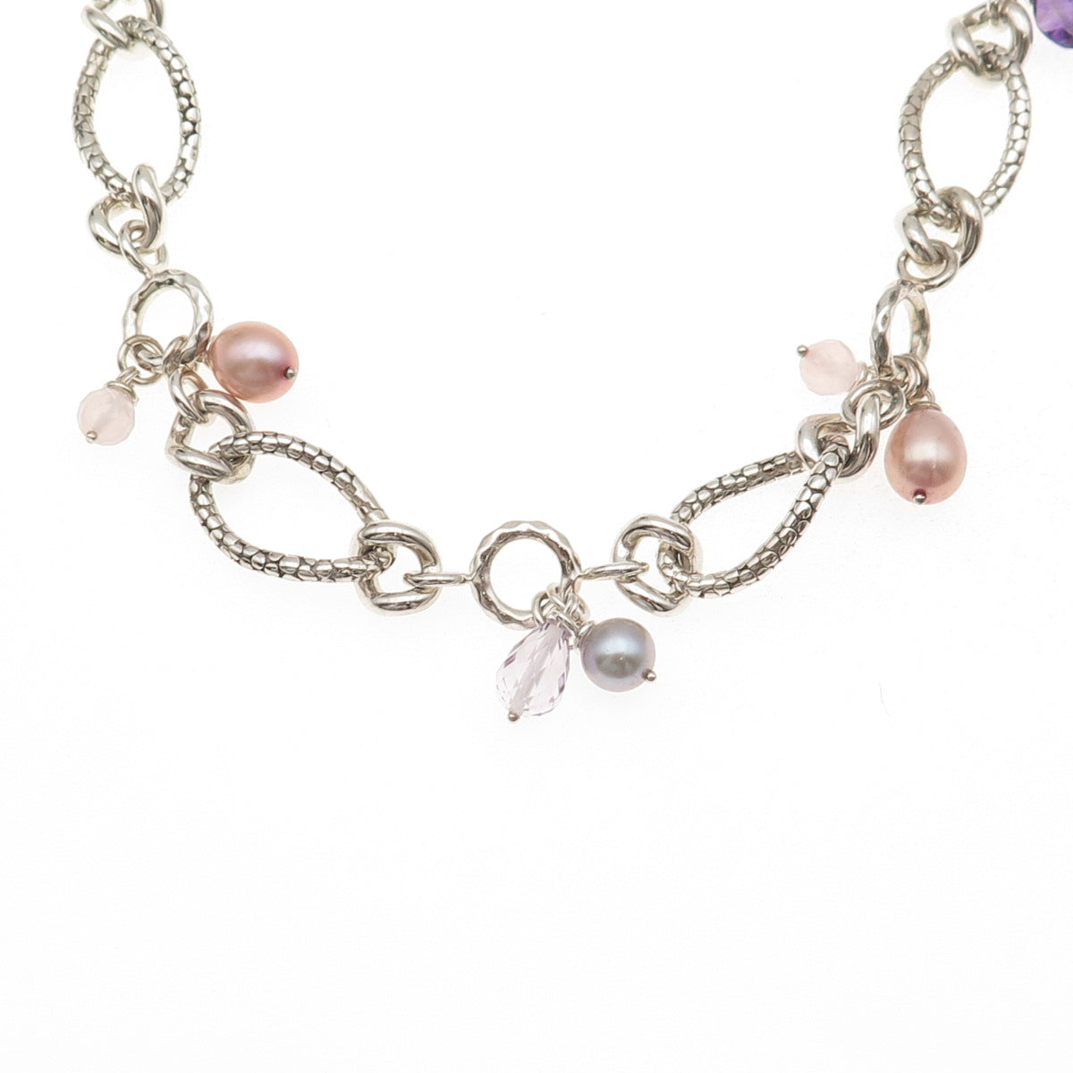 Michael Dawkins 925 Sterling Silver Real Pearl Amethyst Rose Quartz Necklace 18"